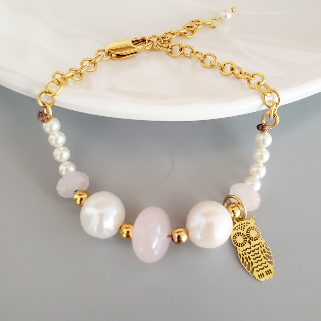 Pulsera cuarzo rosa con búho