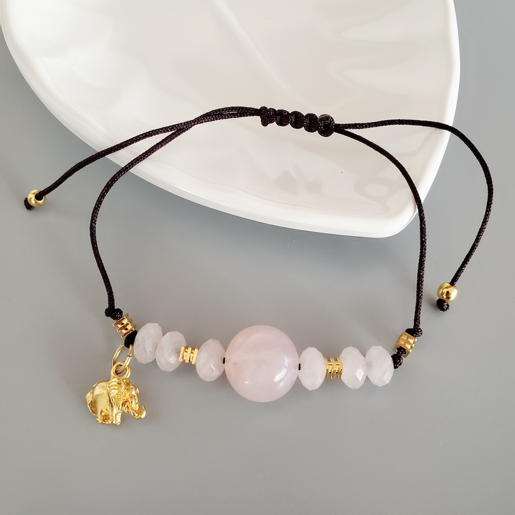 Pulsera cuarzo rosa con elefante